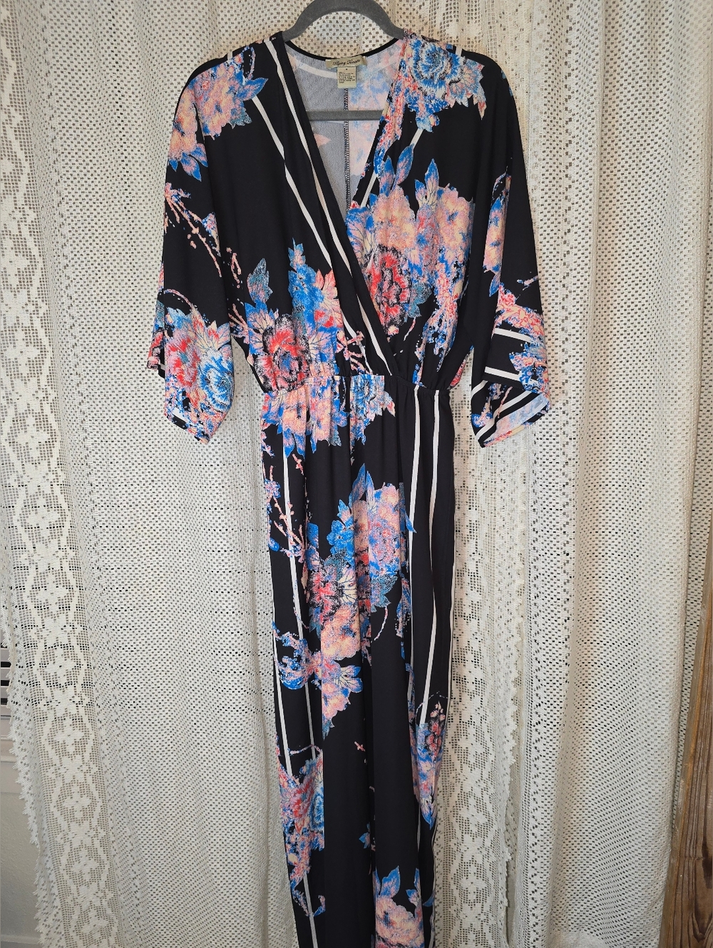 Flying Tomato Abstract Floral Jumpsuit, Blacm One Piece Pants, V Neck Womens Sm